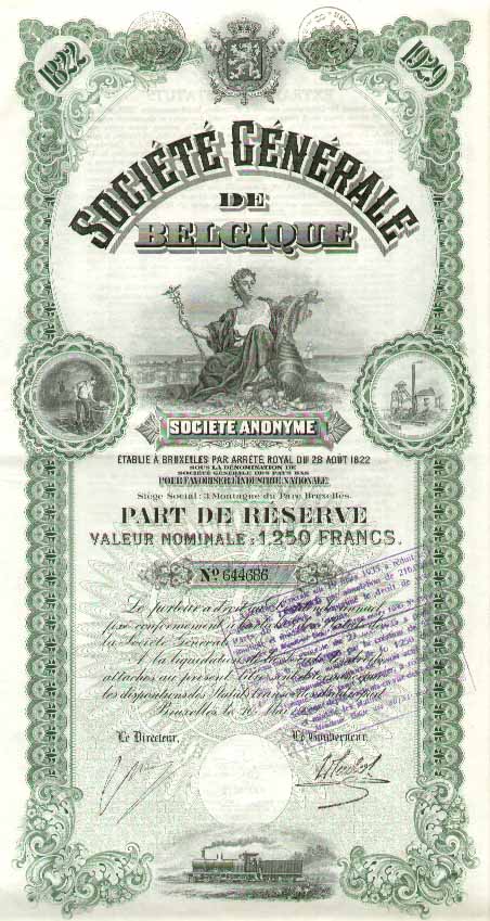Part de r&eacute;serve de la Soci&eacute;t&eacute; G&eacute;n&eacute;rale de Belgique, devenue l'actuelle Fortis