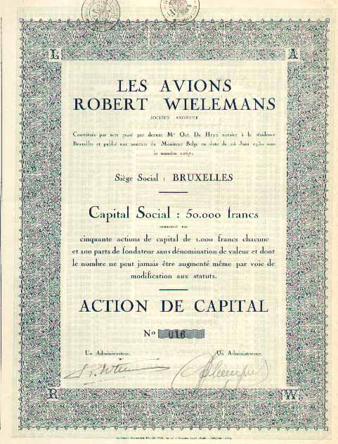 Action de la soci&eacute;t&eacute; Belge 'Les Avions Robert Wielemans'