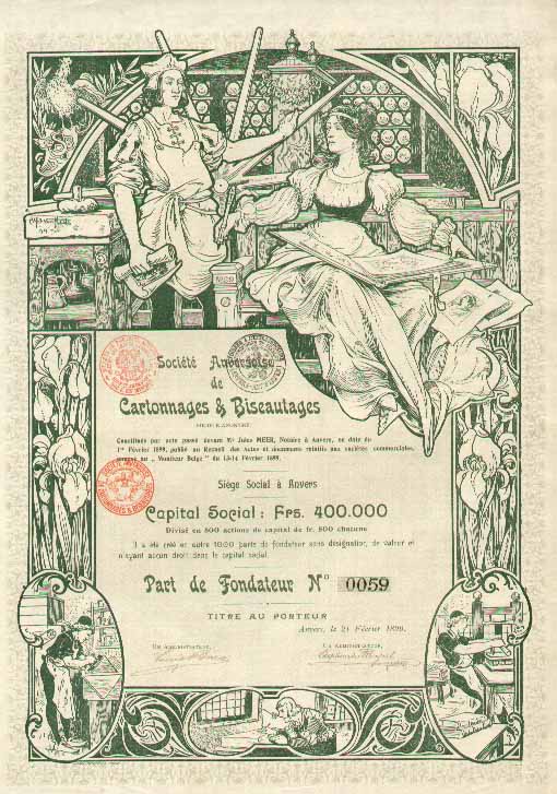 Magnifique titre, assez rare 'ANVERSOISE DE CARTONNAGES & BISEAUTAGES S.A., SOC'.