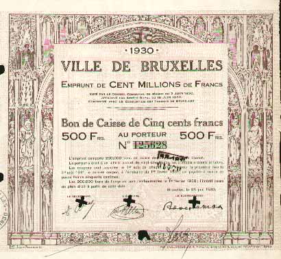 Bon de caisse émis par la ville de Bruxelles pour son emprunt de 1930