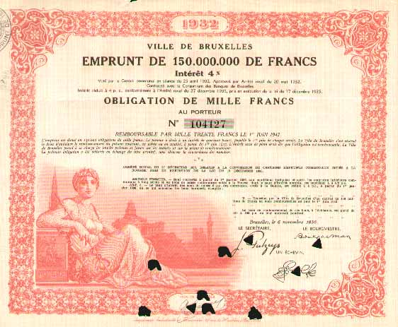 Obligation de la ville de Bruxelles dun emprunt de 1932