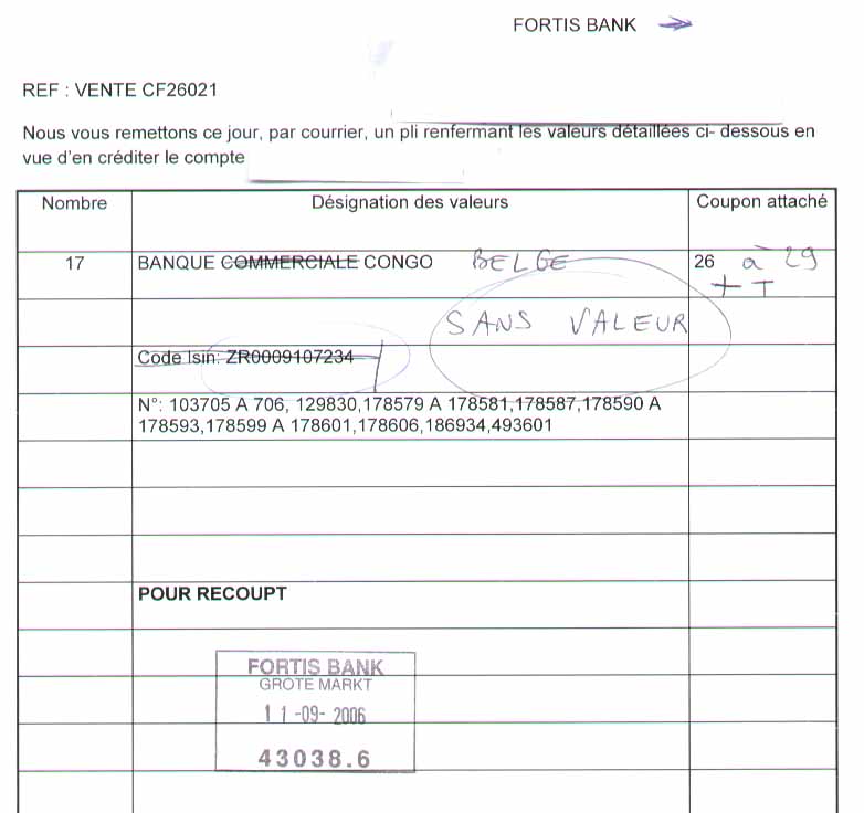bordereau de remise des titres, avec cachet sans valeur de la banque
